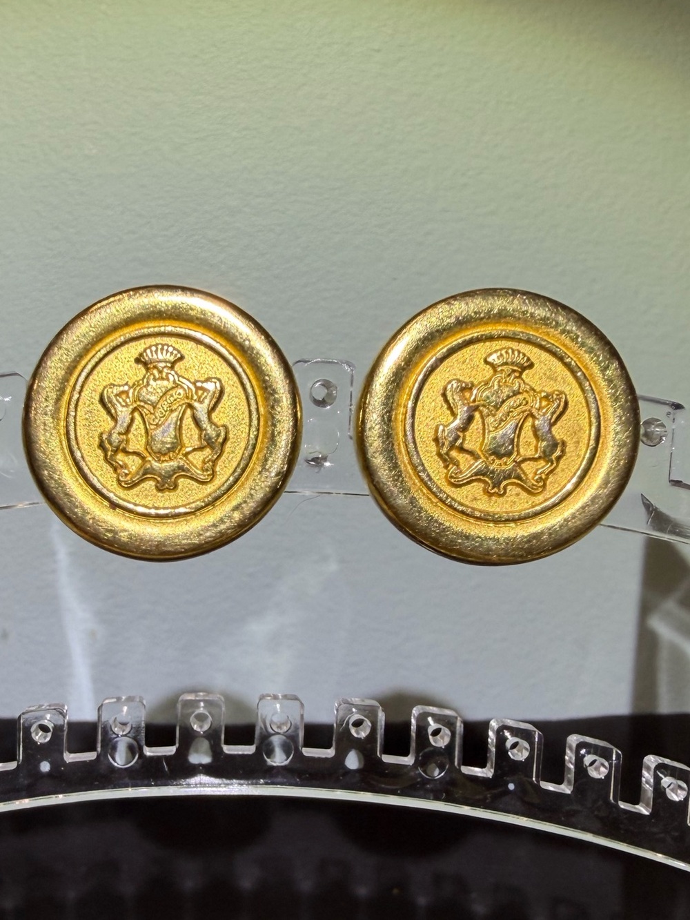 Golden Crest Clip-On Button Earrings - Matte Gold Tone With Rearing Horses